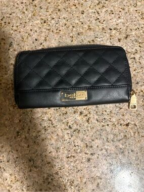 bebe Black Quilted Zip Wallet with Gold Hardware